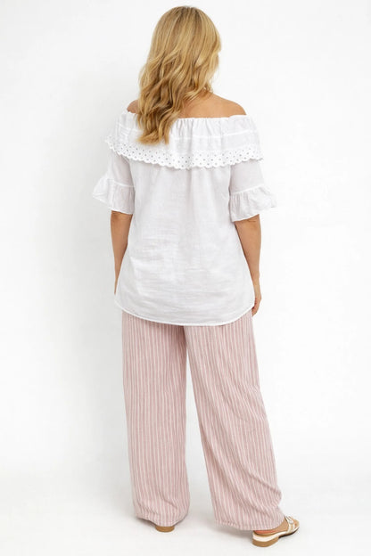 Pure Cotton Frill Sleeve Elasticated Neck Embroidery Anglaise Lumière Bardot Top - White