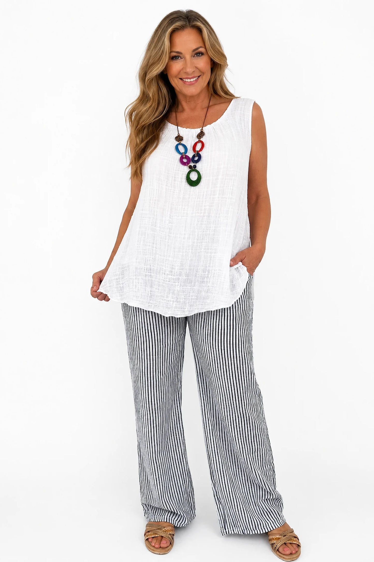 Pure Cotton Double Pocket Elasticated Waist Viera Stripe Pants - White
