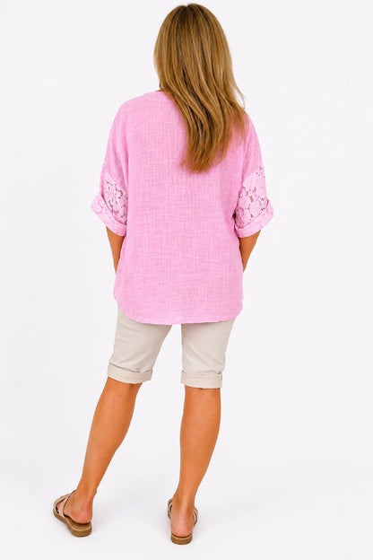 Linen Look Cotton Lace Sleeve Calabri Button Top - Baby Pink