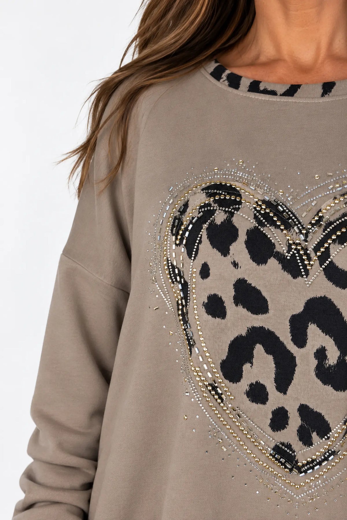 Leopard Trim Diamanté Heart Lexi Top - Mocha