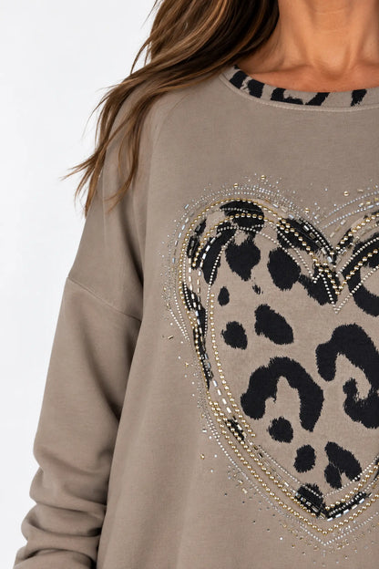 Leopard Trim Diamanté Heart Lexi Top - Mocha