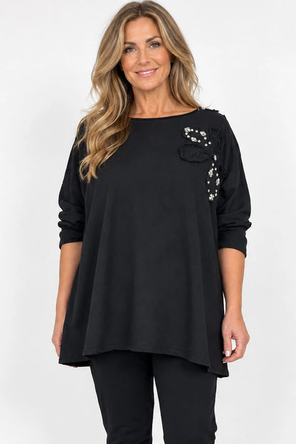 Cotton Emalise Frayed Edge Floral Top - Black