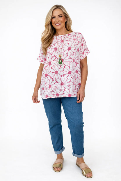 Pure Cotton Velina Floral Necklace Top - Deep Pink