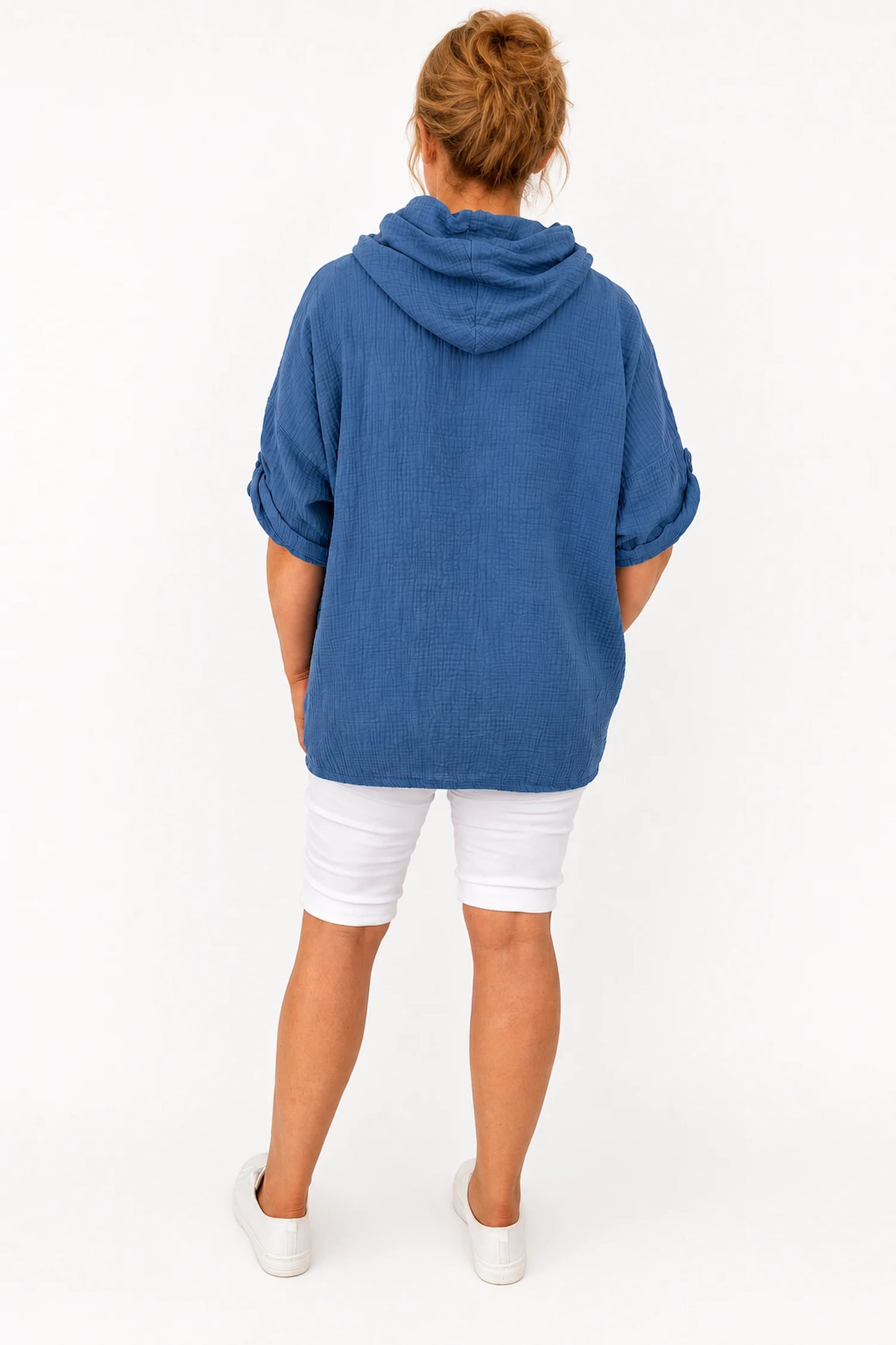 Pure Bubble Cotton Button Sleeve Badge Detail Pocketed Zara Hoodie - Denim