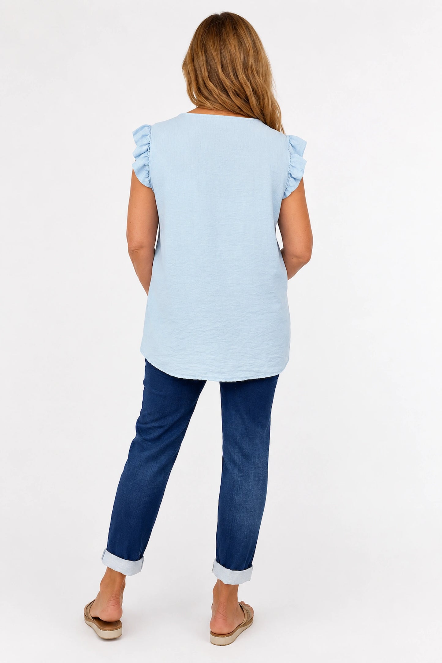 Frill Sleeve Embroidered Floral Detail Sienna Cap Sleeve Top - Baby Blue