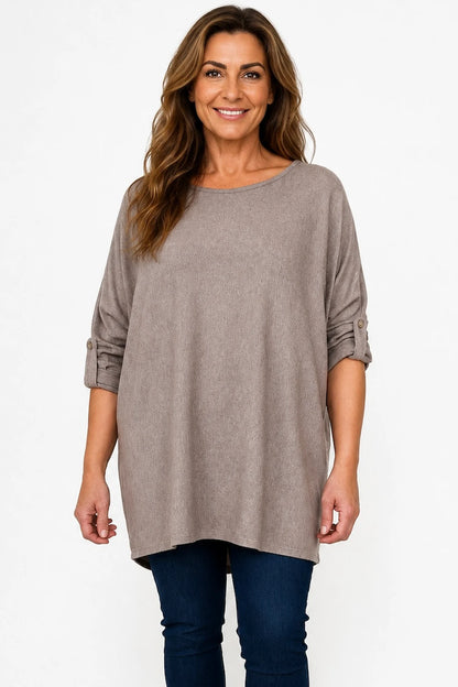 Fine Knit Button Sleeve Batwing Angelica Top - Mocha