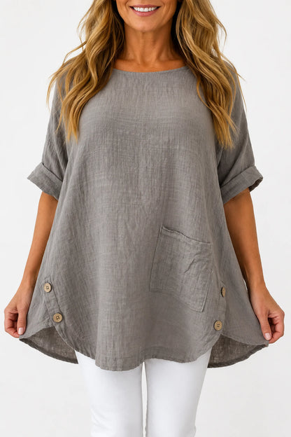 Linen Look Pure Cotton Button Detail Pocket Venice Top - Mocha