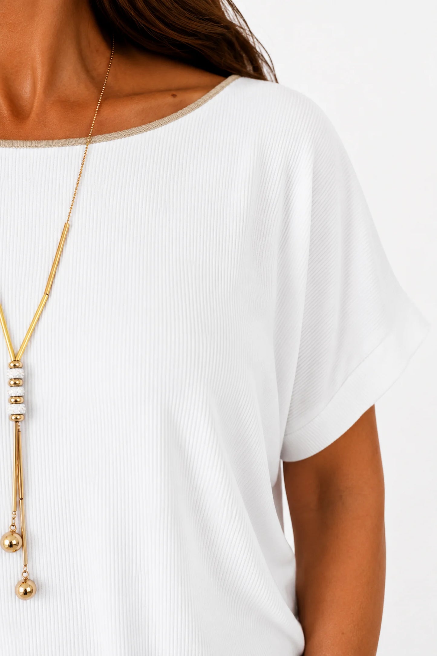 Fine Ribbed Gold Trim Sophia Necklace Top - White