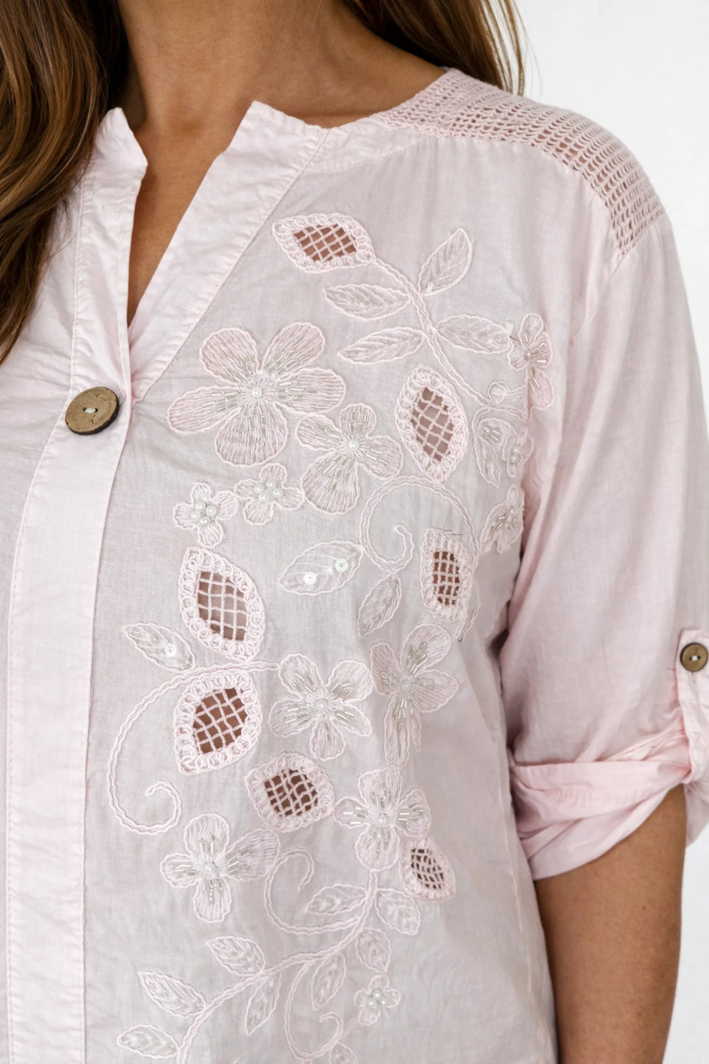 Cotton Mesh Shoulder Embroidery Anglaise Detail Button Sleeve Antonella One Button Shirt - Baby Pink