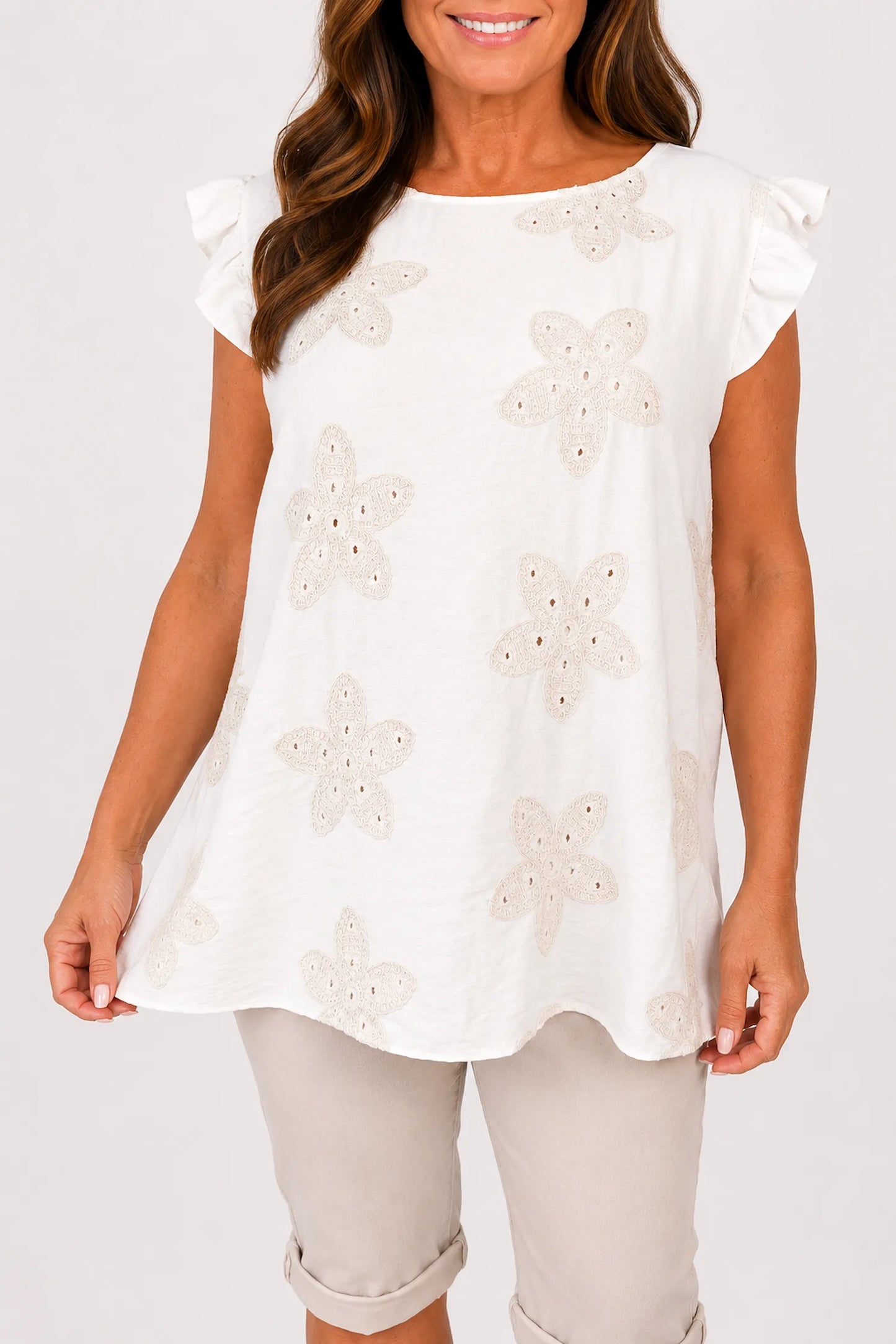 Frill Sleeve Embroidered Floral Detail Sienna Cap Sleeve Top - Beige