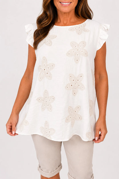 Frill Sleeve Embroidered Floral Detail Sienna Cap Sleeve Top - Beige