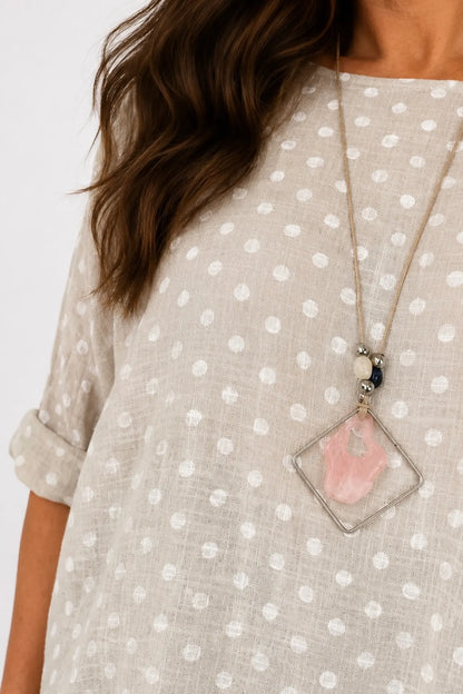 Pure Cotton Polka Dot Mari Necklace Top - Beige