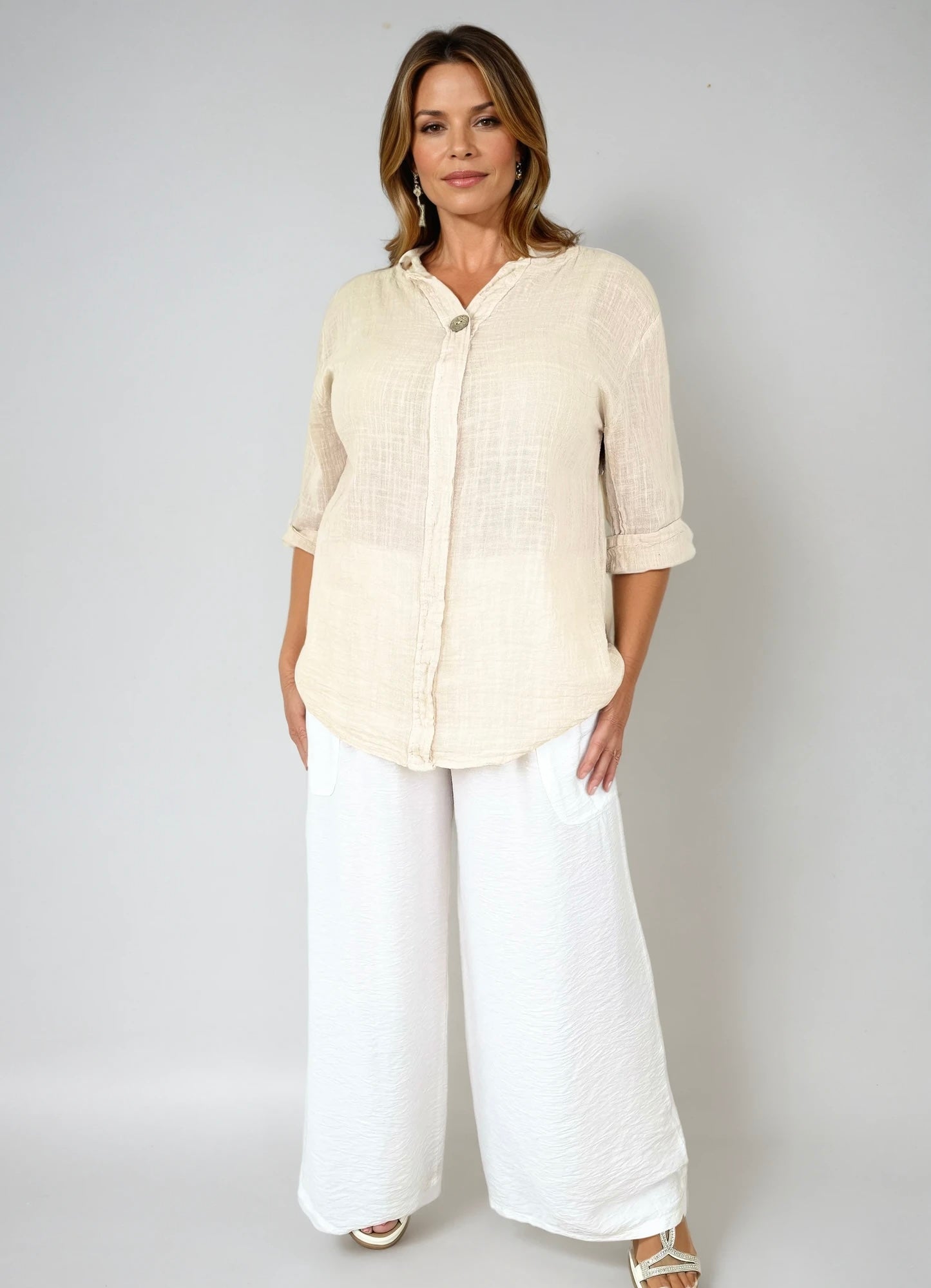 Vari Wide Leg pocket Detail Elasticated Palazzo Pant - White