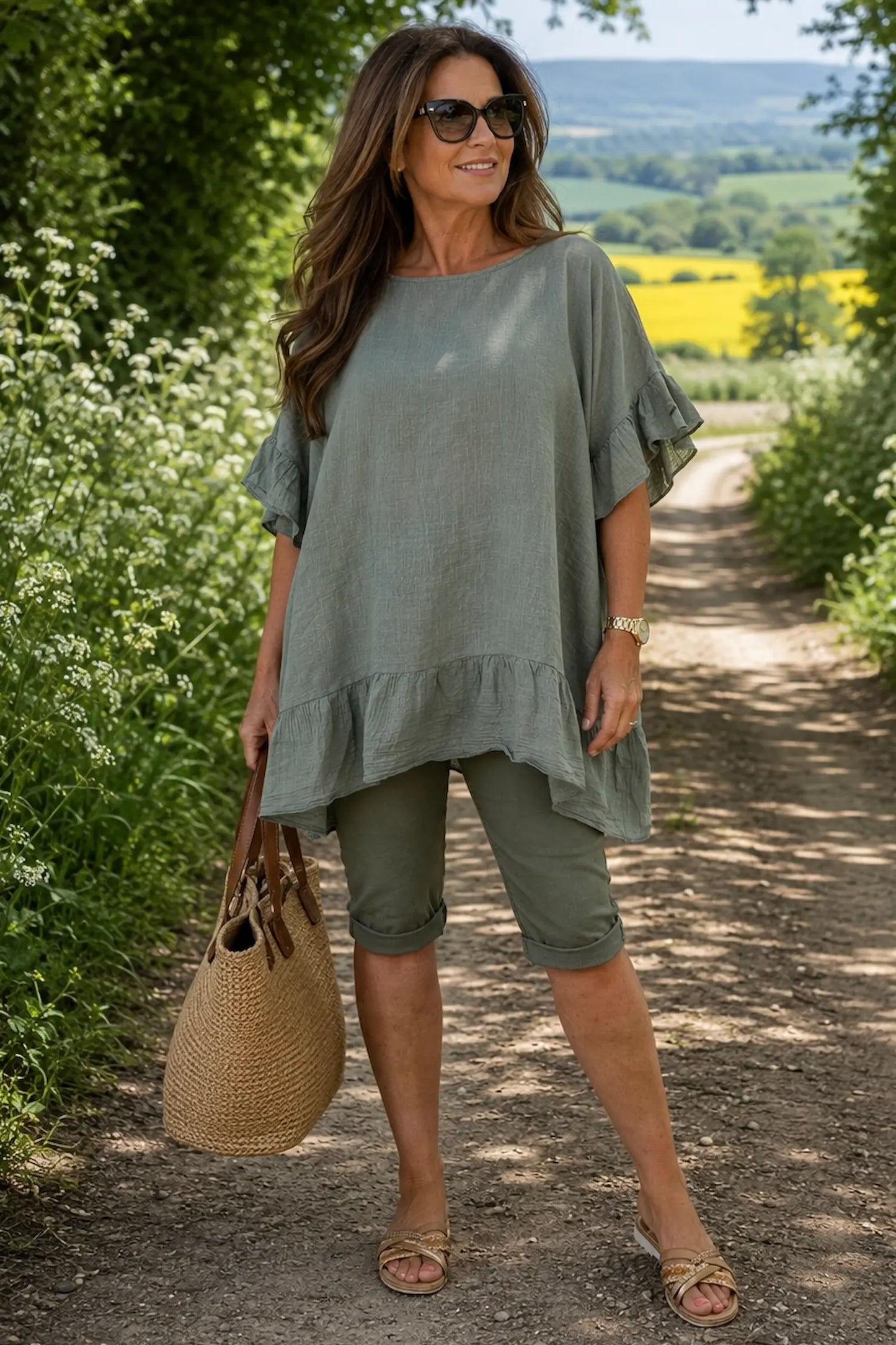 Pure Cotton Anita Frill Top - Khaki