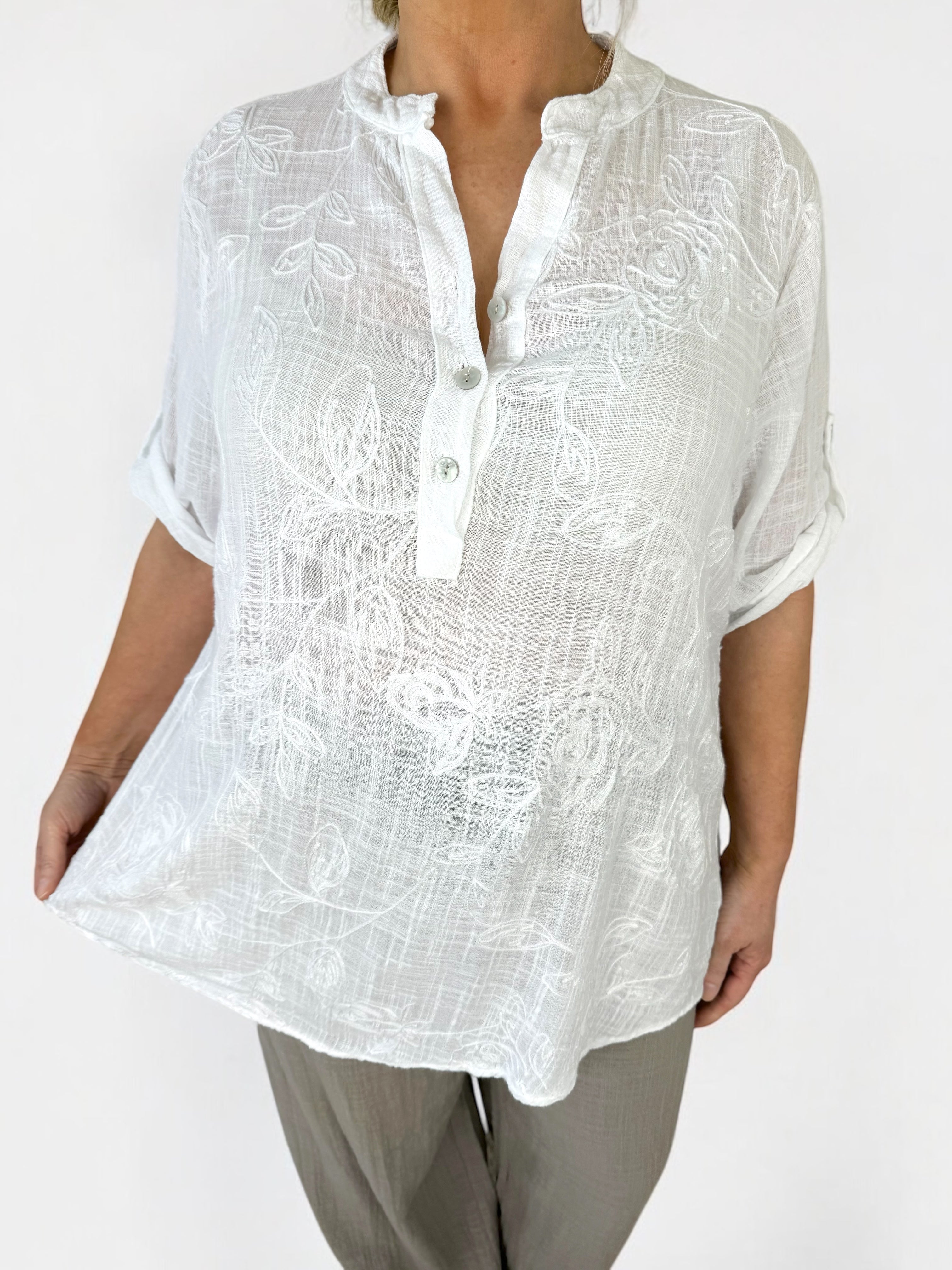 Pure Cotton Embroidery Anglaise Button Sleeve Elara Shirt - White