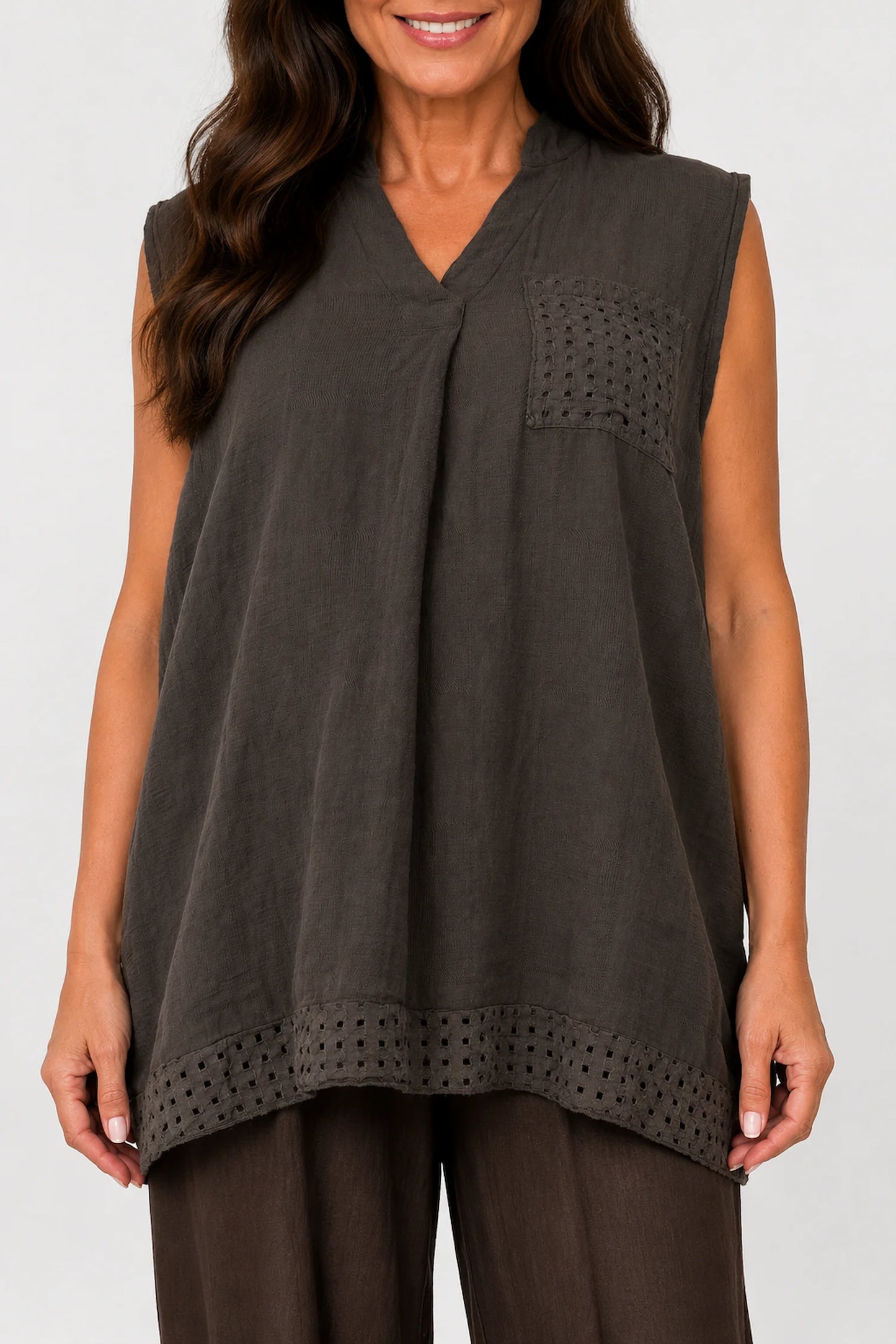 Pure Cotton Mesh Detail Rosetta Pocket Cap Sleeve Top - Chocolate