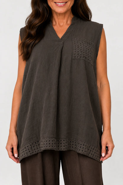 Pure Cotton Mesh Detail Rosetta Pocket Cap Sleeve Top - Chocolate