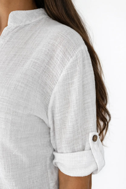 Linen Look Pure Cotton Button Sleeve Diana Button Shirt - White