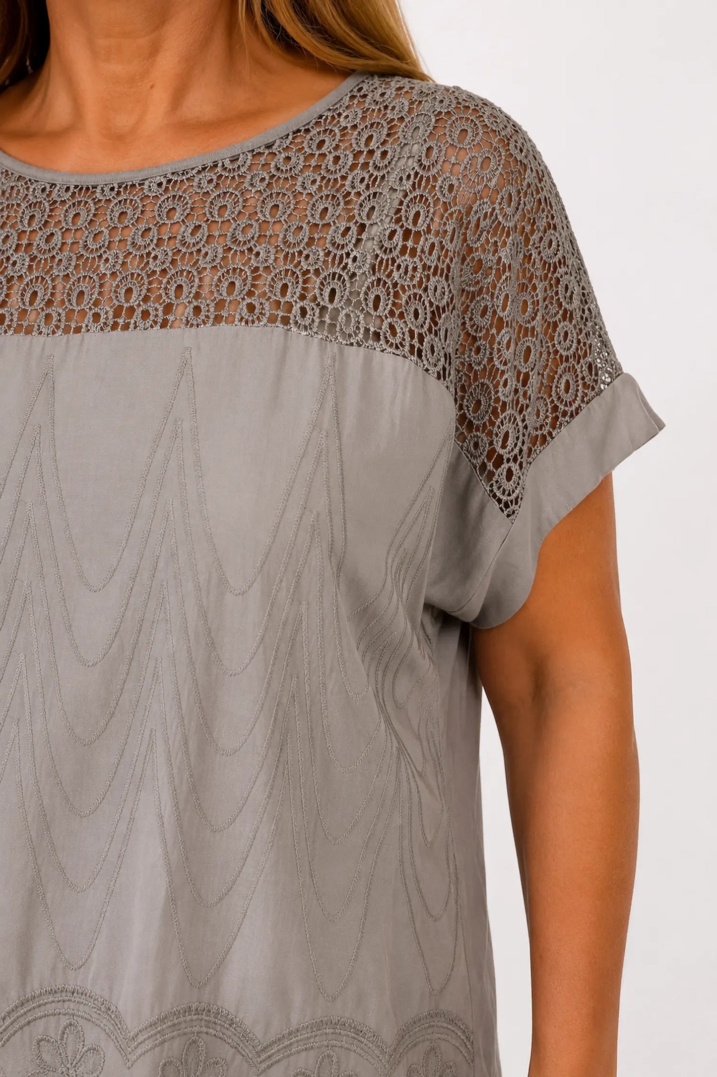 Crochet Detail Embroidery Anglaise Hem Francis Top - Mocha
