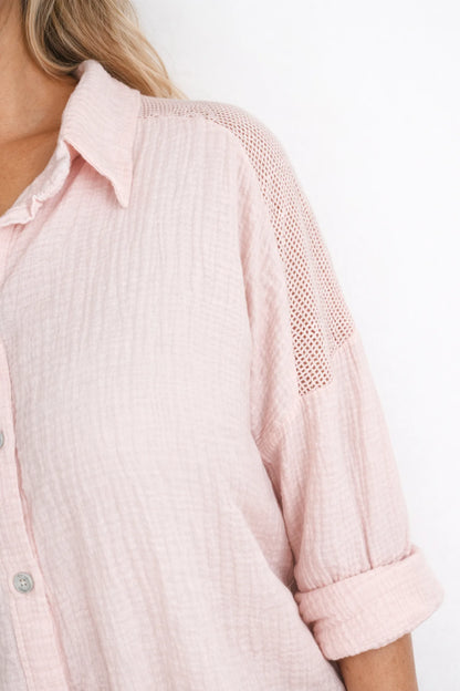 Pure Bubble Cotton Mesh Sleeve/Back Detail Celeste Button Shirt - Baby Pink