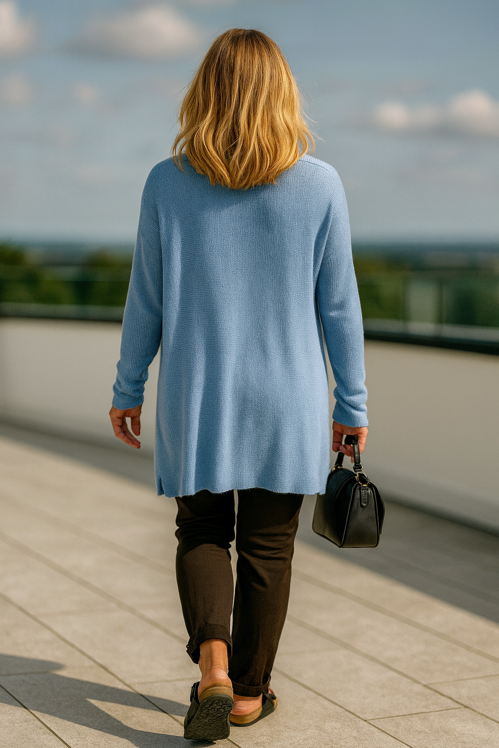 Wool Mix Ribbed Knit High Low Amira Necklace Top - Light Denim
