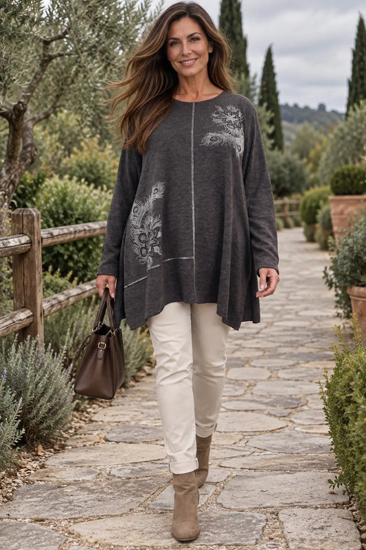 Wool Mix Diamanté Silver Stitch Ciana Top - Chocolate