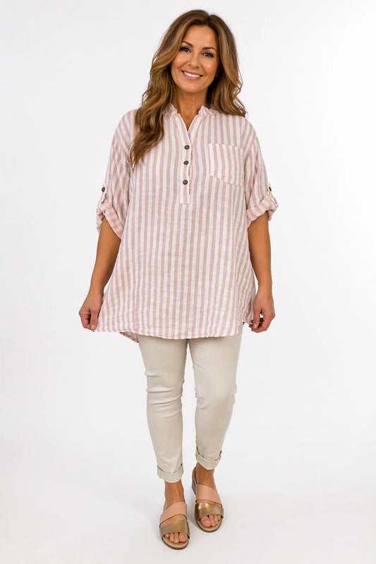 Linen Look Pure Cotton Pocket Detail Cruze Button Sleeve Stripe Shirt - Soft Rose Pink