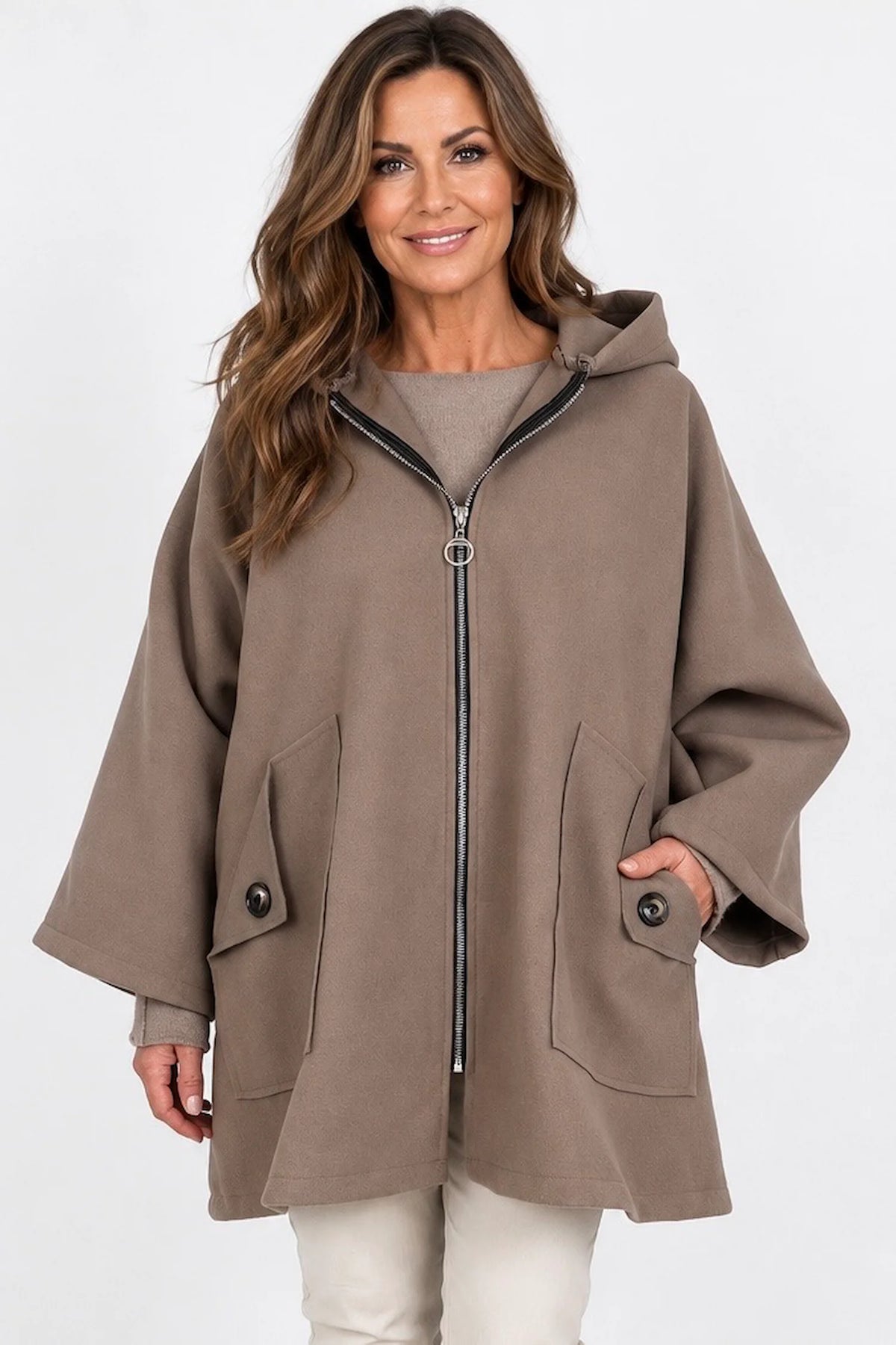 Double Button Pocket Zipped Button Back Sophia Hooded Coat - Mocha