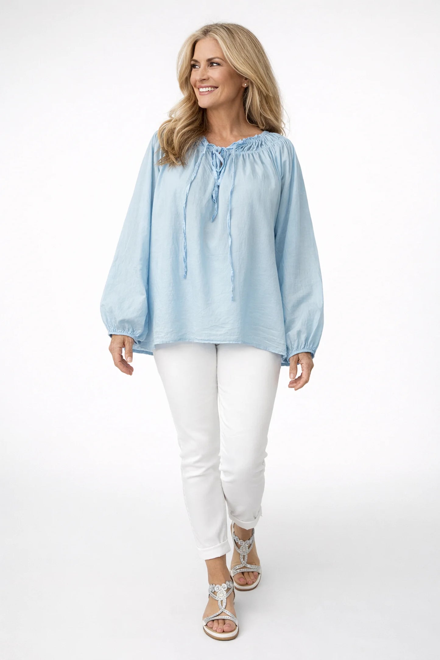 Pure Cotton Tie Front Detail Elasticated Cuff And Neckline Blanca Blouse - Baby Blue