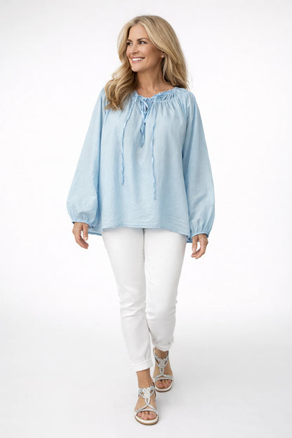Pure Cotton Tie Front Detail Elasticated Cuff And Neckline Blanca Blouse - Baby Blue