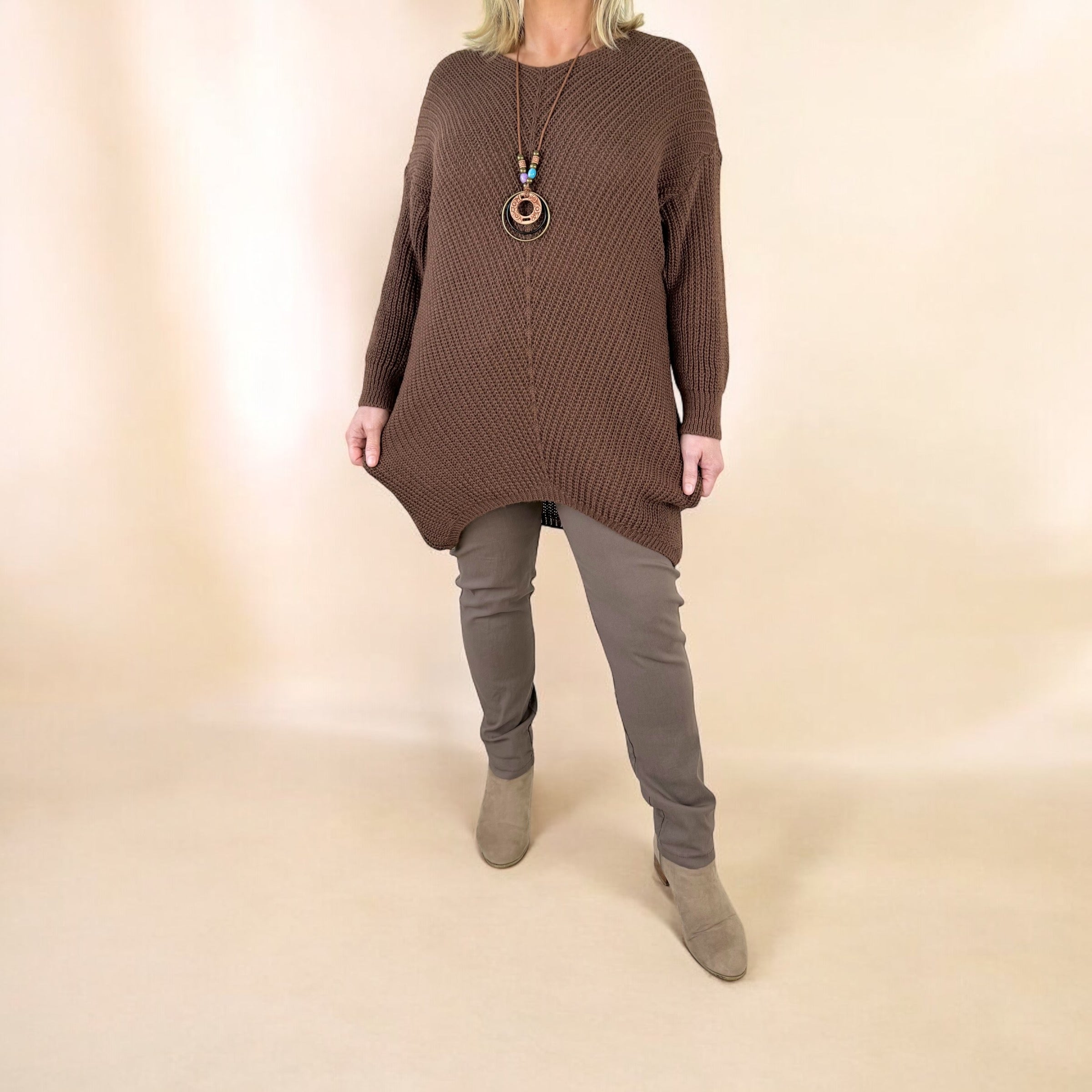 Ribbed Knit Alice Necklace Jumper AW24 - Chocolate