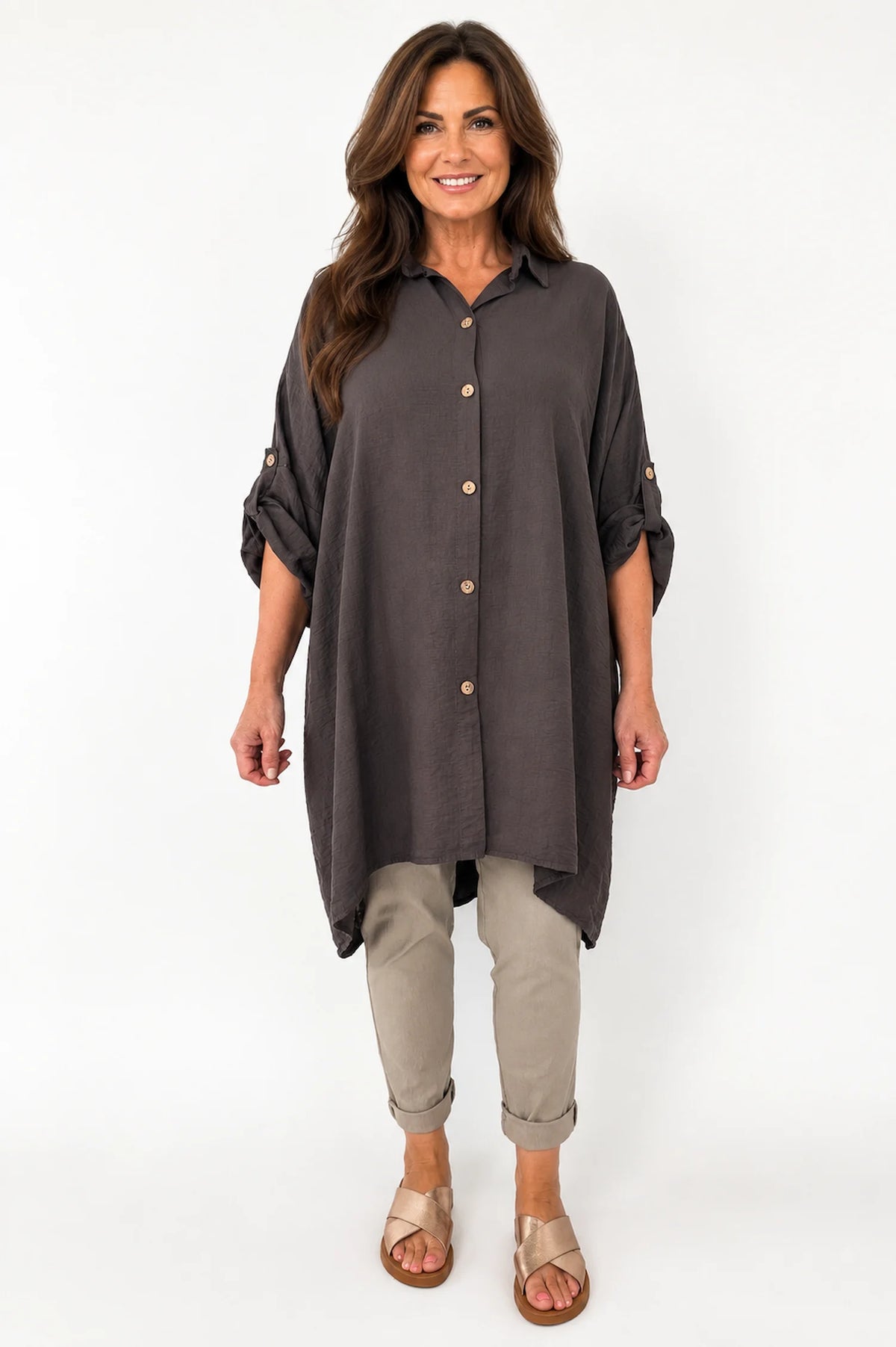 Button Sleeve Maxine Longline Button Shirt - Chocolate