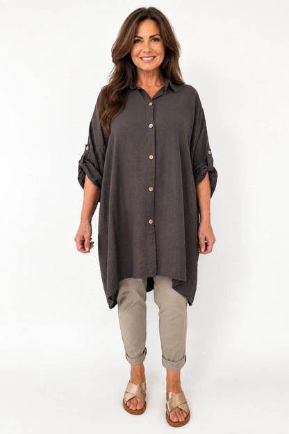 Button Sleeve Maxine Longline Button Shirt - Chocolate