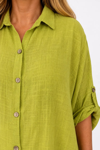 Pure Cotton Button Sleeve Cressida Button Shirt - Lime