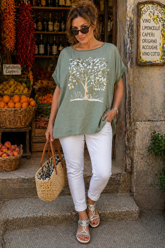 Linen Cotton Mix Diamanté Golden Leaf Carletta Top - Khaki