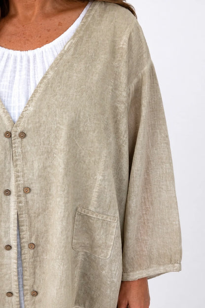 Pure Cotton Double Pocket Lara Button Jacket - Washed Stone