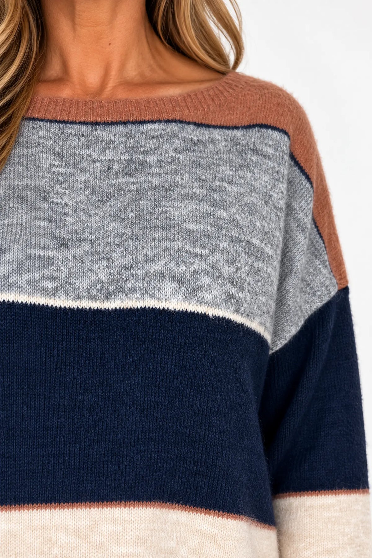 Wool Mix Stripe Marie Top - Navy/Fleck Denim/Toffee/Beige