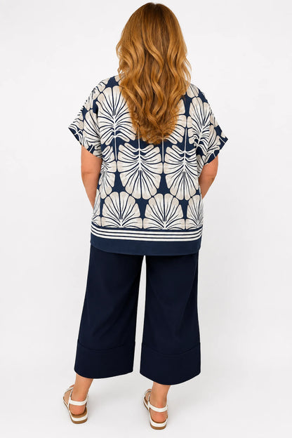 Sara Tropical Print Top - Navy