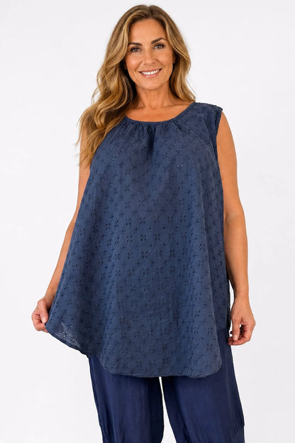 Pure Cotton Embroidery Anglaise Mica Vest - Navy