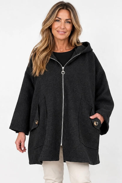 Double Button Pocket Zipped Button Back Sophia Hooded Coat - Black
