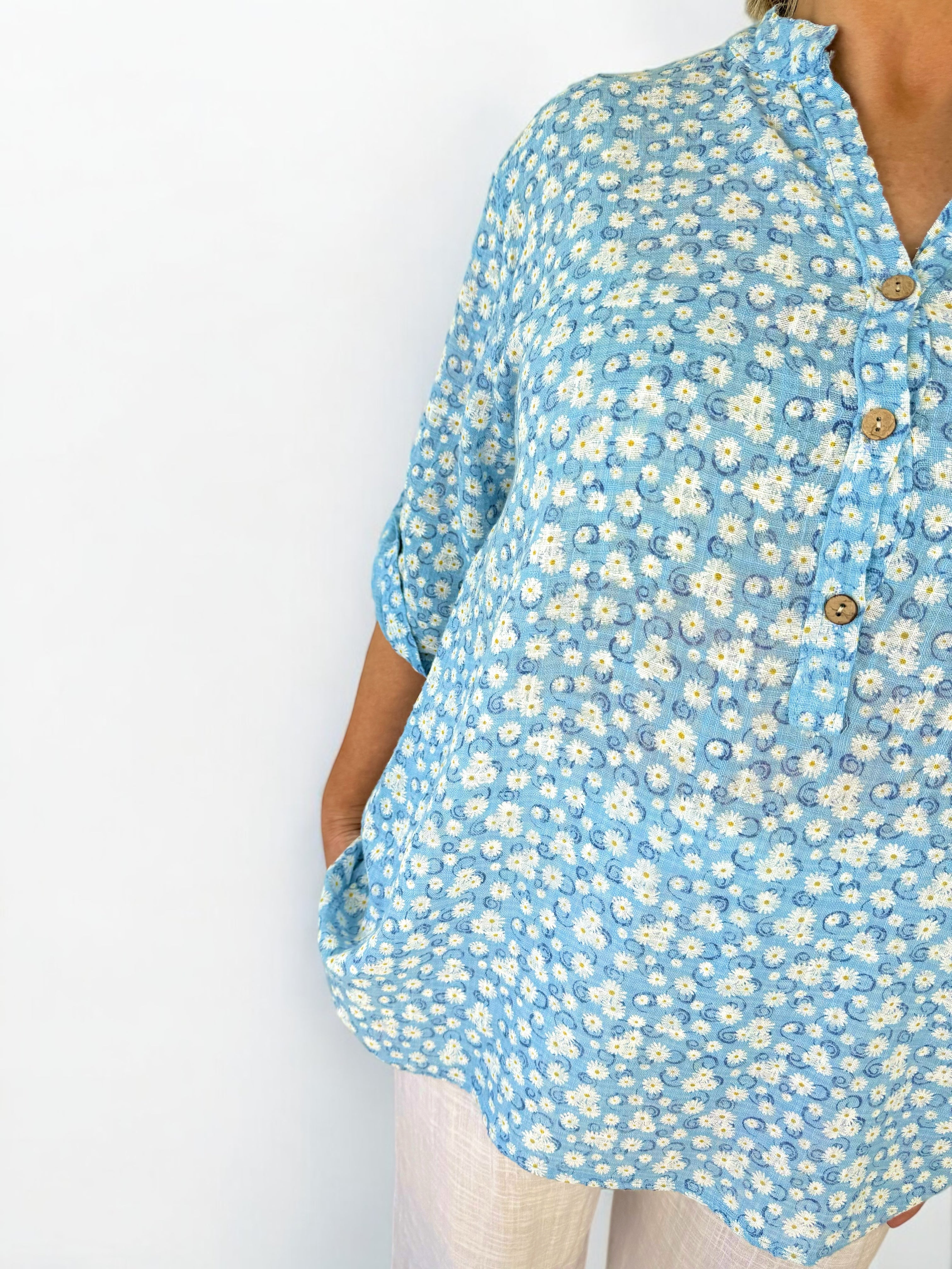 Pure Cotton Daisy Button Sleeve Carli Shirt - Baby Blue