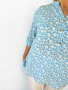 Pure Cotton Daisy Button Sleeve Carli Shirt - Baby Blue
