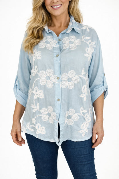 Pure Cotton Embroidered Flower Button Sleeve Valentina Button Shirt - Baby Blue