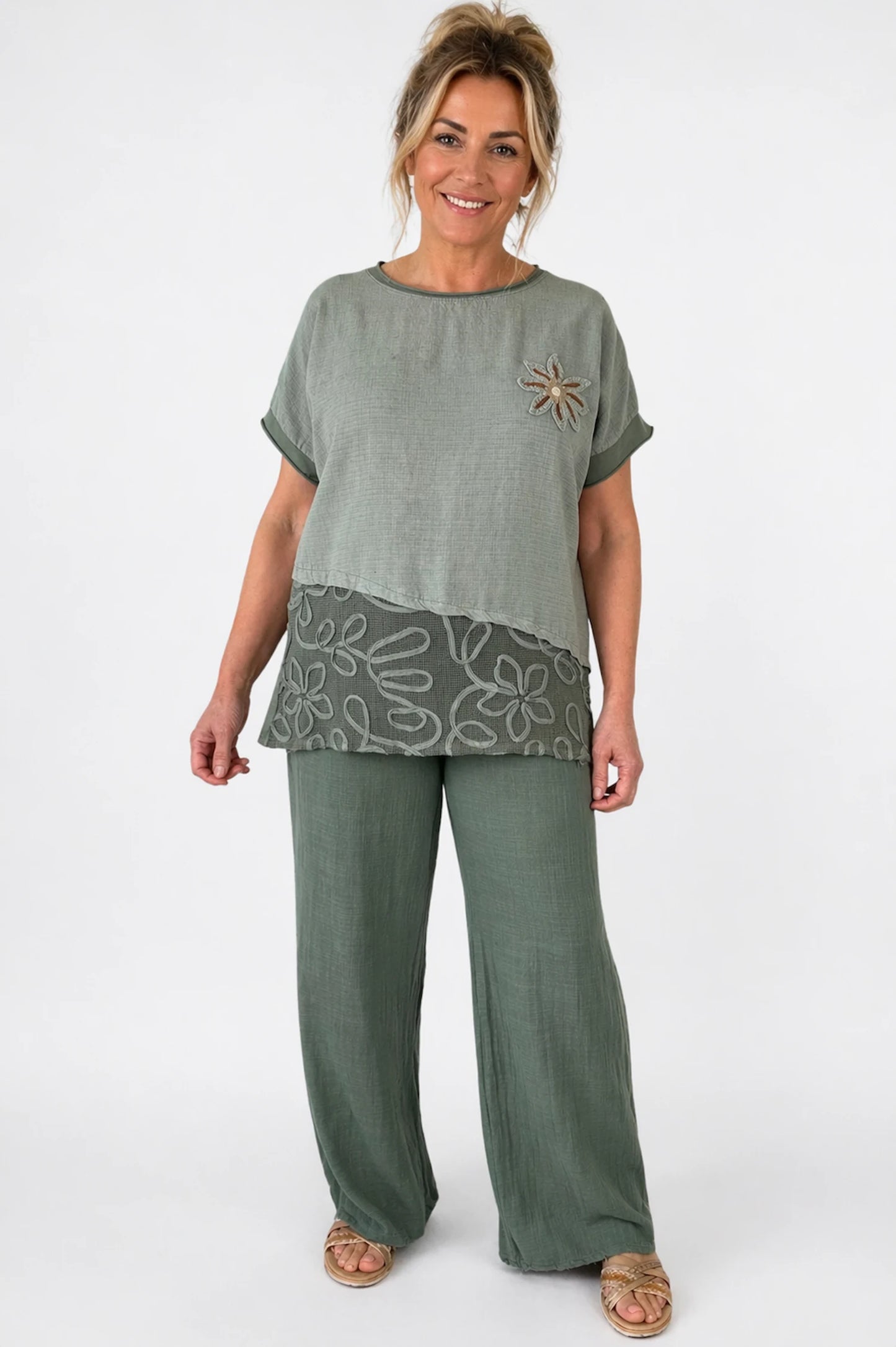 Cotton Linen Mix Embroidered Flower Mesh Hem Solara Top - Khaki