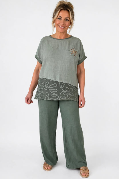 Cotton Linen Mix Embroidered Flower Mesh Hem Solara Top - Khaki