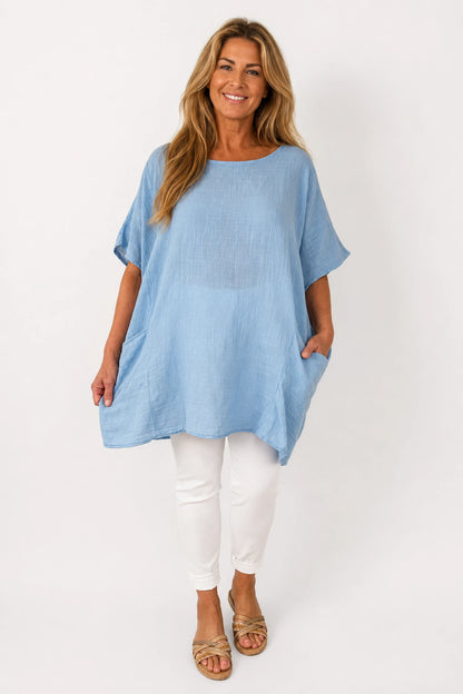 Pure Cotton Double Pocket Coté Tunic Top - Light Denim