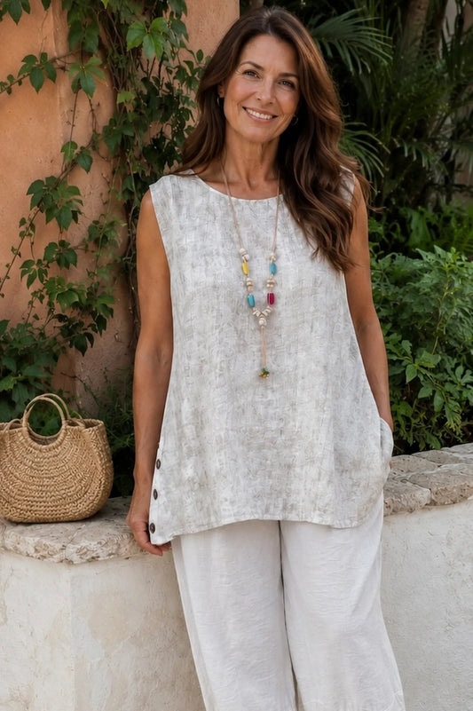 Lightly Textured Button Detail Carla Necklace Vest - Washed Stone