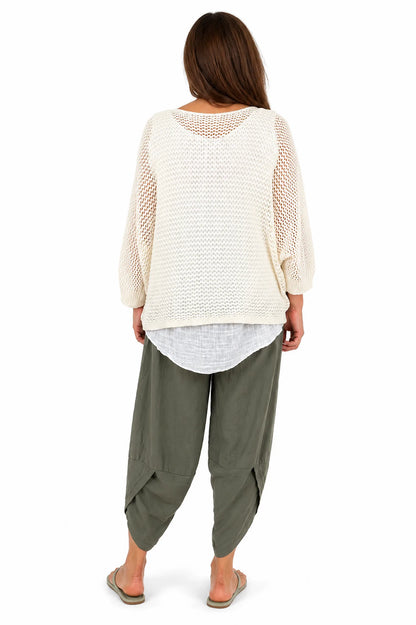 Pure Cotton Removable Tie Alexandra Batwing Crochet Top - Cream