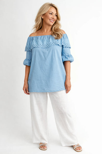 Pure Cotton Frill Sleeve Elasticated Neck Embroidery Anglaise Lumière Bardot Top - Denim