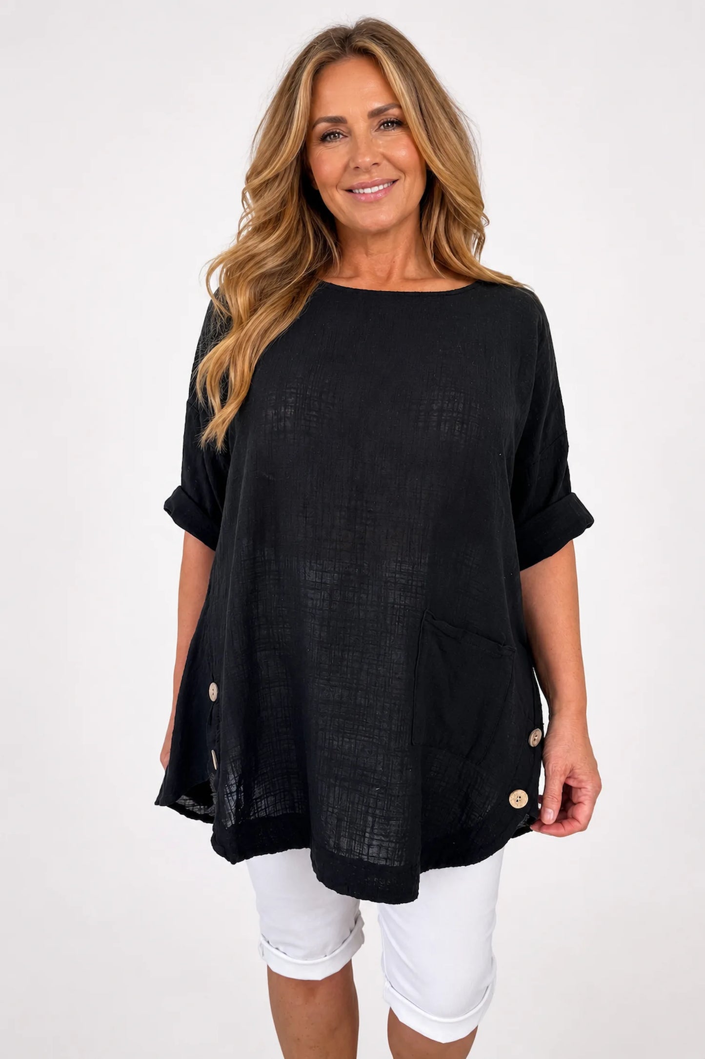Linen Look Pure Cotton Button Detail Pocket Venice Top - Black